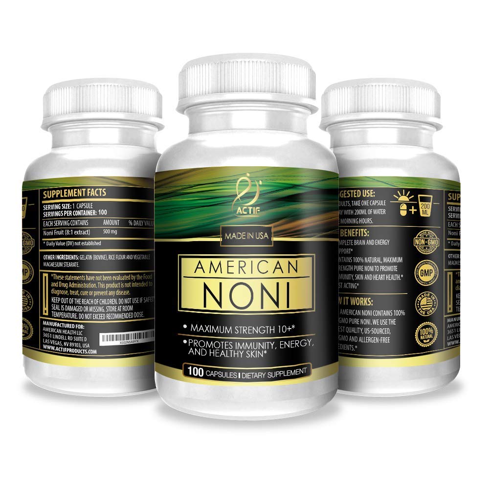 Actif Organic Noni certifications close-up showing non-GMO and gluten-free status
