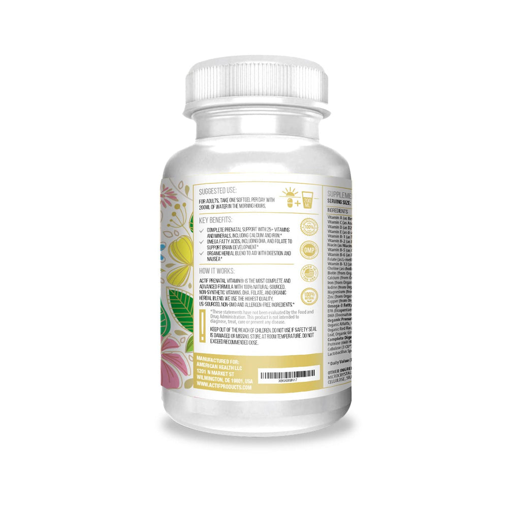 ACTIF prenatal DHA/EPA capsules for omega-3 rich nutrition.