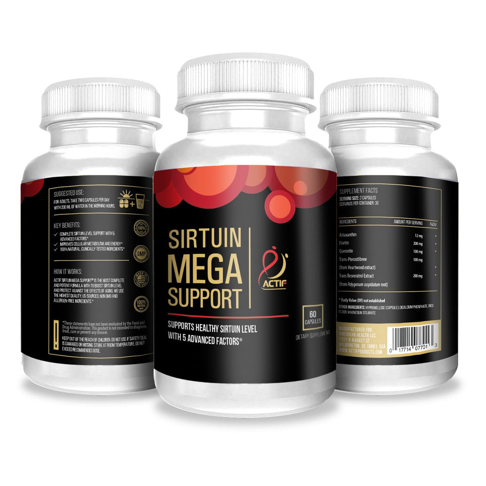 ACTIF Sirtuin Mega Support ingredients graphic shows resveratrol and quercetin antioxidants