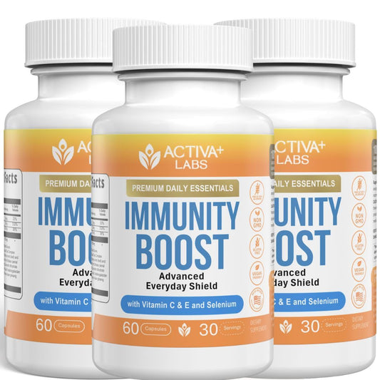 Activa Labs Immunity Boost bottle front highlighting vegan, non-GMO immune support for daily resilience.