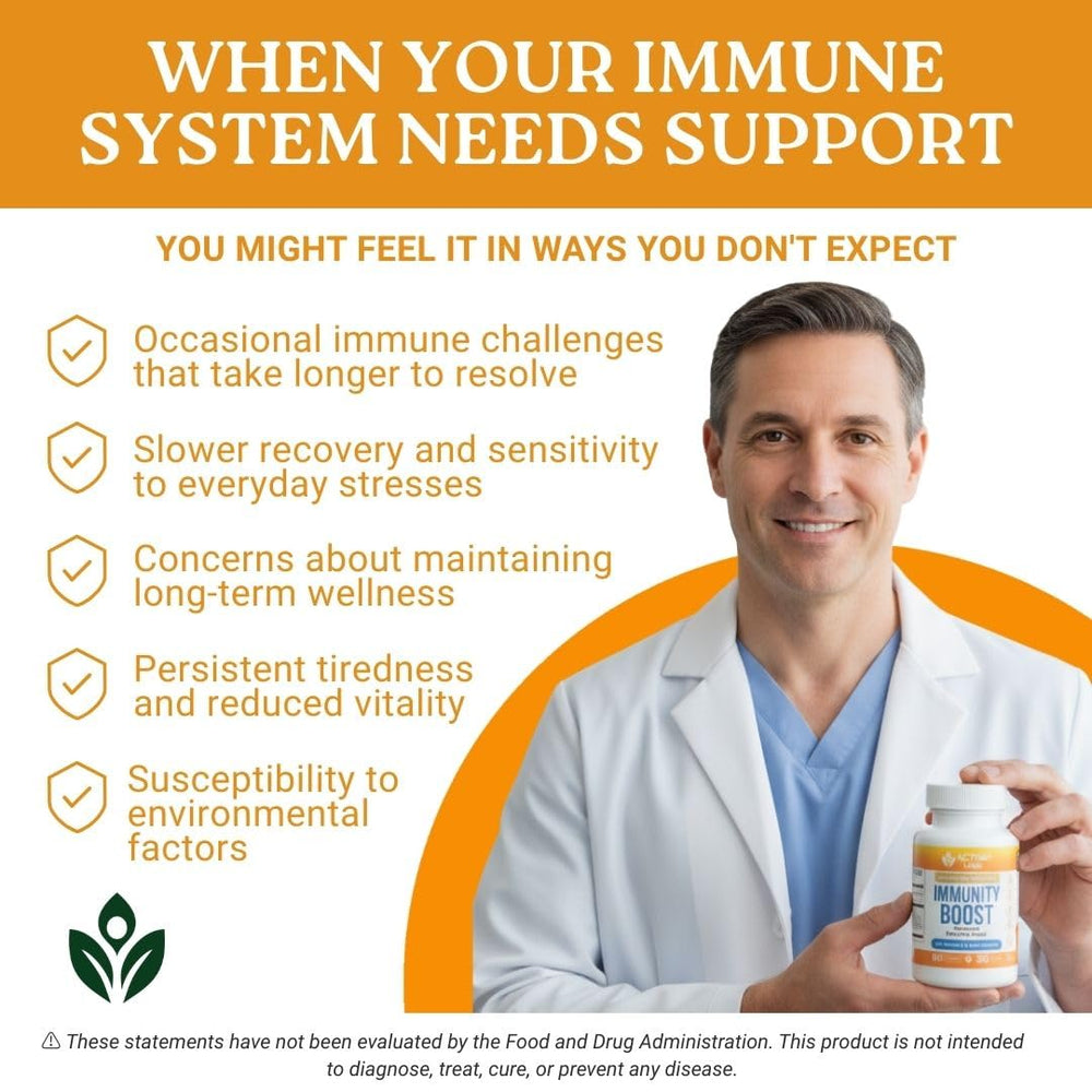 Activa Labs Immunity Boost ingredient panel highlighting Green Tea and Turmeric benefits.