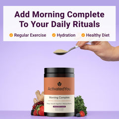 Visual of Morning Complete ingredients blend chart showing greens, prebiotics, antioxidants.