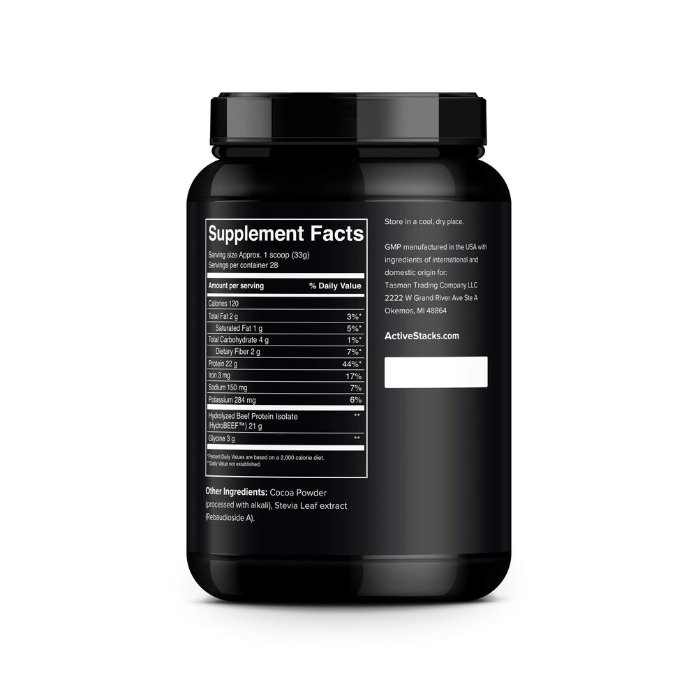 Active Stacks Beef Protein Isolate shake glass, chocolate flavor, ideal meal replacement.