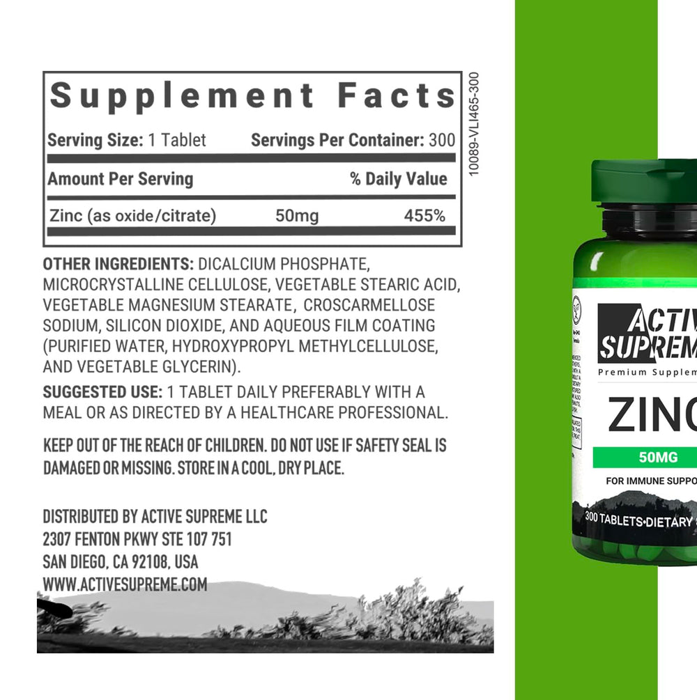 Active Supreme Zinc Citrate bottle back showing dosage details for safe daily use