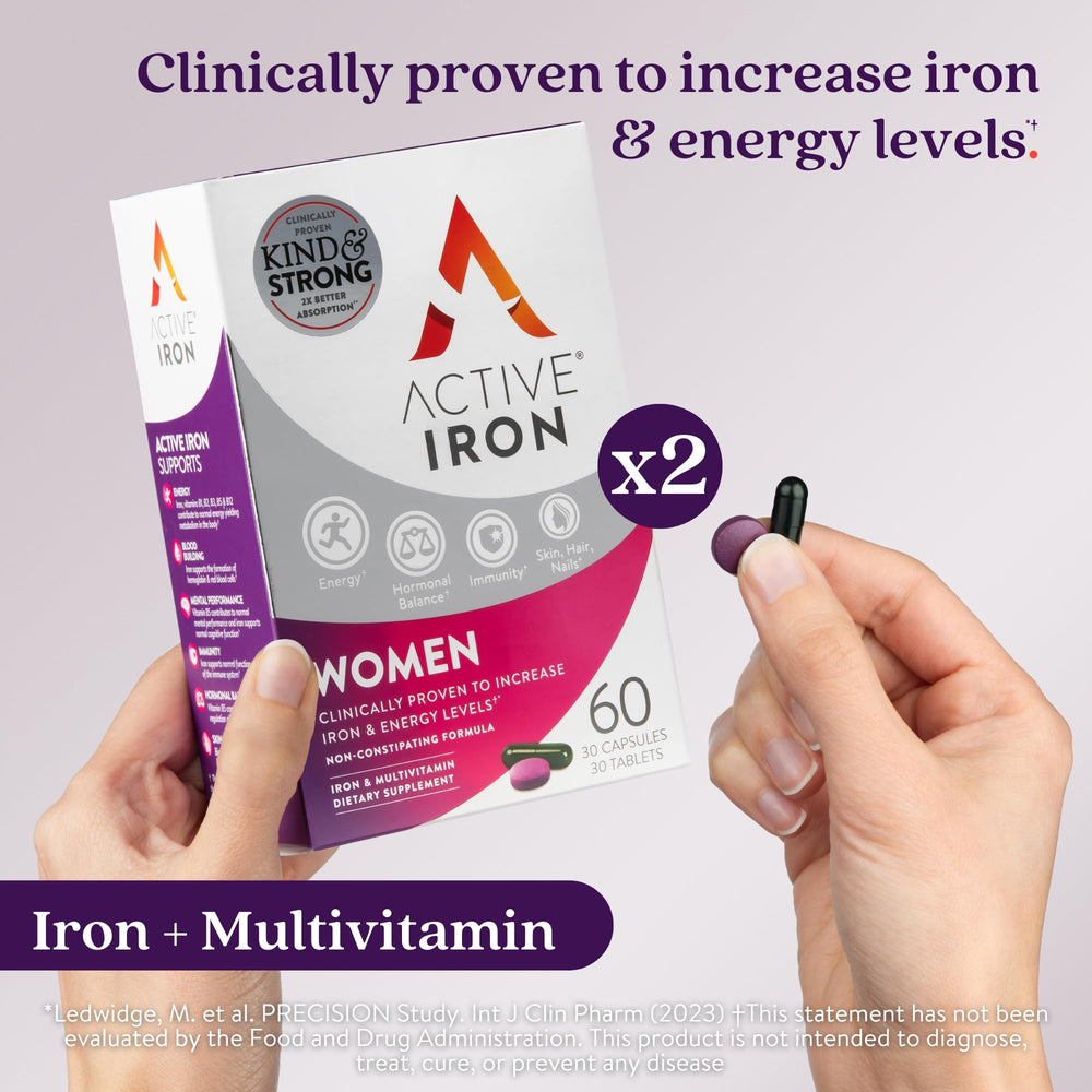 Active Iron women's multivitamin tablets on bottle label for daily wellness