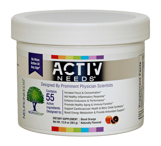 ActivNeeds bottle and scoop show the blood orange flavor for clean energy