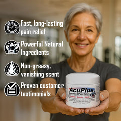 AcuPlus Pain Relief Cream jar open reveals smooth texture