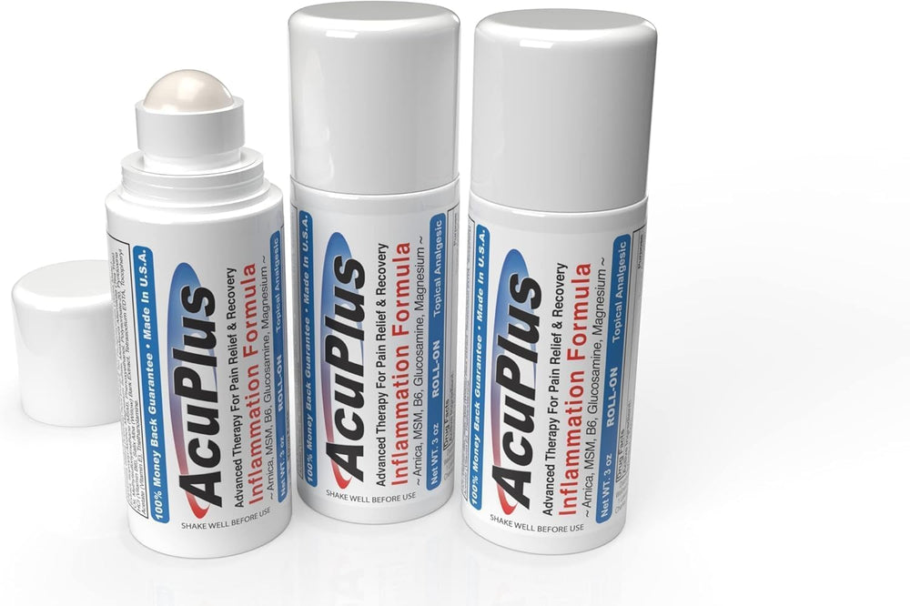 AcuPlus Pain Relief Roll-On set of three for convenient on-the-go relief.
