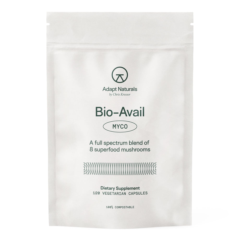 Adapt Naturals Bio-Avail Myco bottle front view showing eight-mushroom blend for daily energy.