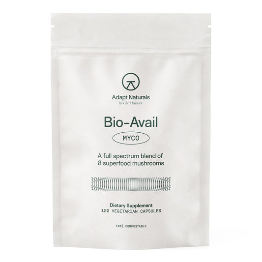 Adapt Naturals Bio-Avail Myco bottle front view showing eight-mushroom blend for daily energy.