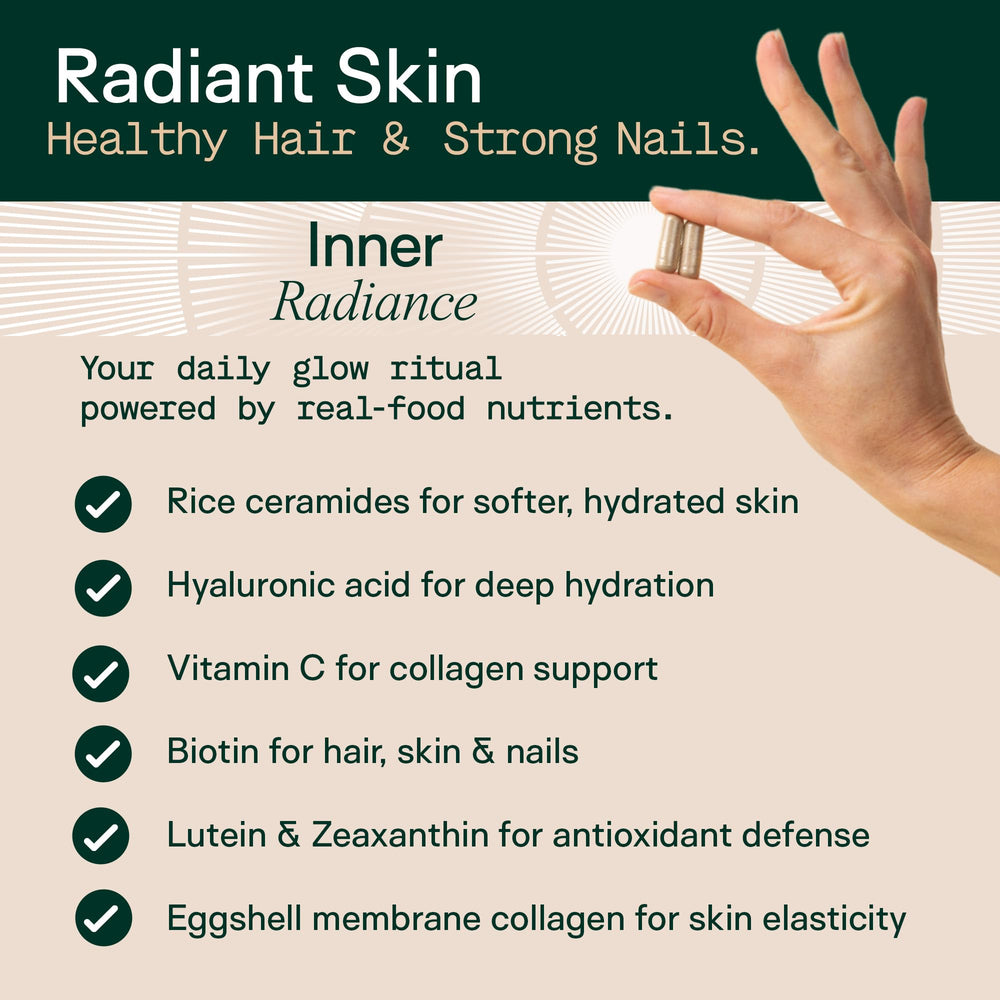 Adapt Naturals Inner Radiance capsules closeup highlighting hair and nails nourishment