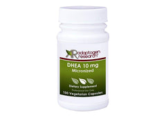 Adaptogen Research DHEA micronized bottle highlights fast absorbing capsules for daily immune and brain support.