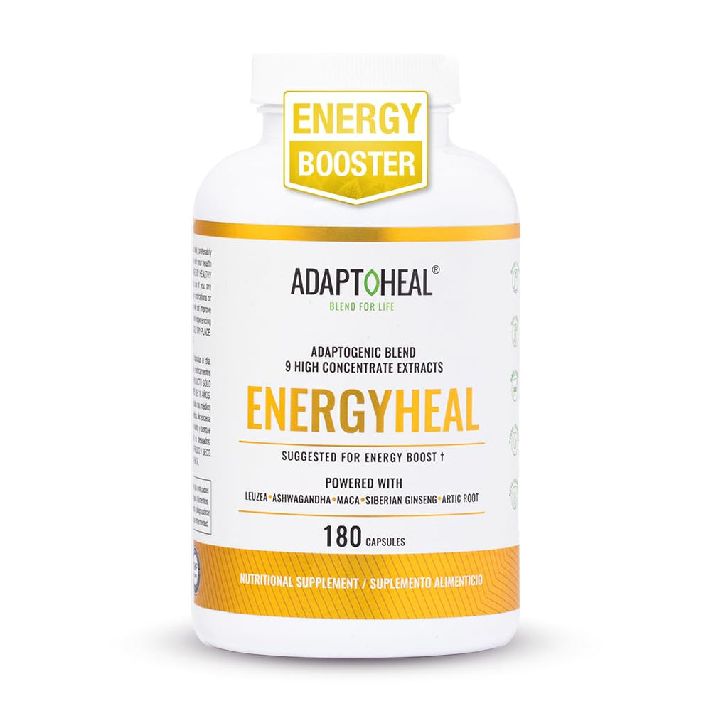 ADAPTOHEAL Energyheal bottle and packaging on a clean surface, signaling natural energy support