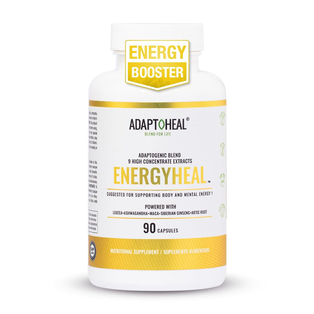 ADAPTOHEAL Energyheal bottle pour shows non-caffeine energy support for daily resilience