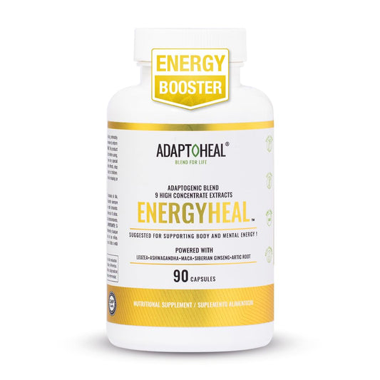 ADAPTOHEAL Energyheal bottle pour shows non-caffeine energy support for daily resilience