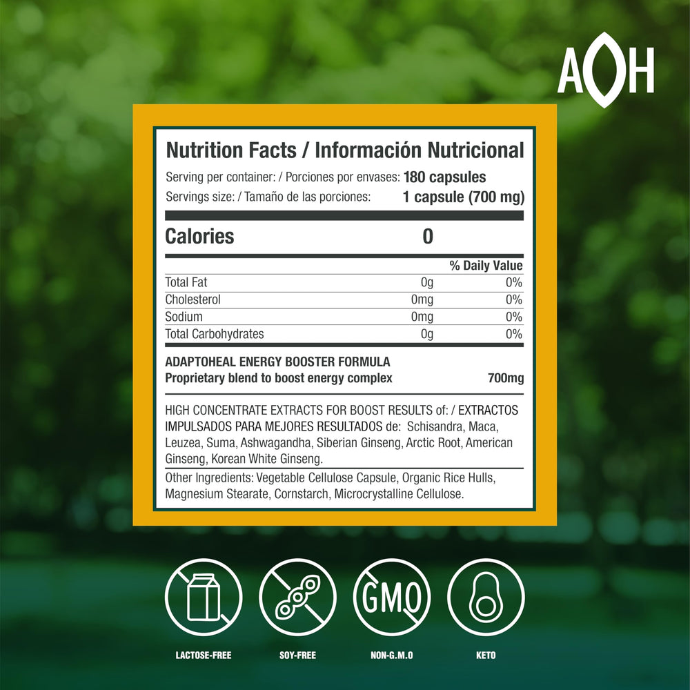 ADAPTOHEAL Energyheal capsules close-up, suggesting consistent daily energy support