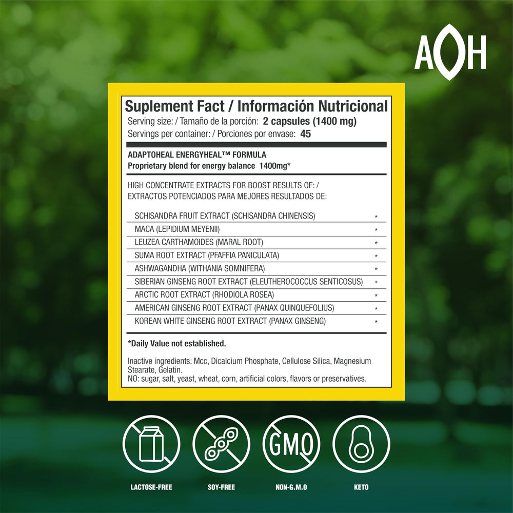 ADAPTOHEAL Energyheal capsules closeup highlights adaptogen blend for stress resilience