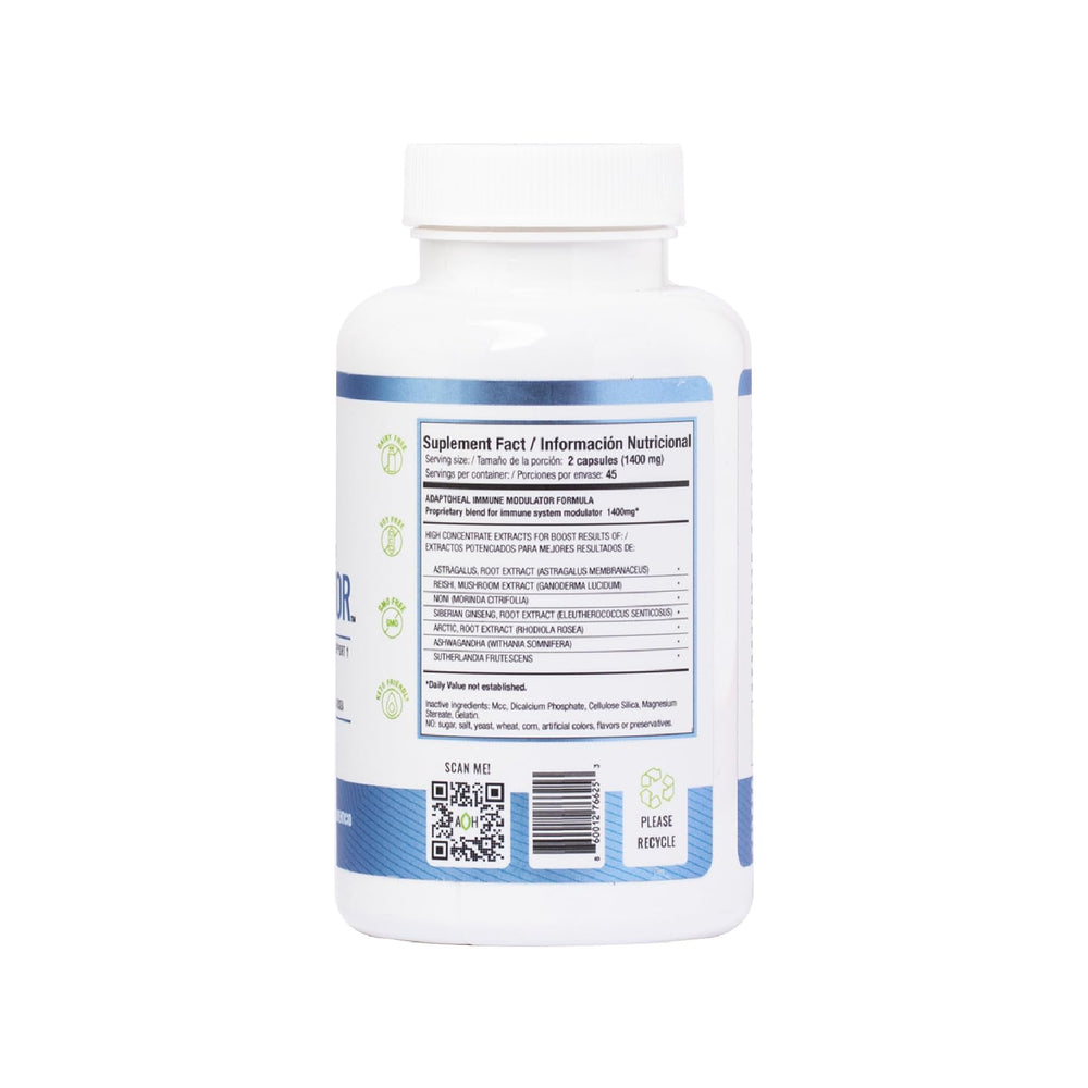 ADAPTOHEAL Immodulator dosage scene shows 2–6 capsules per day.
