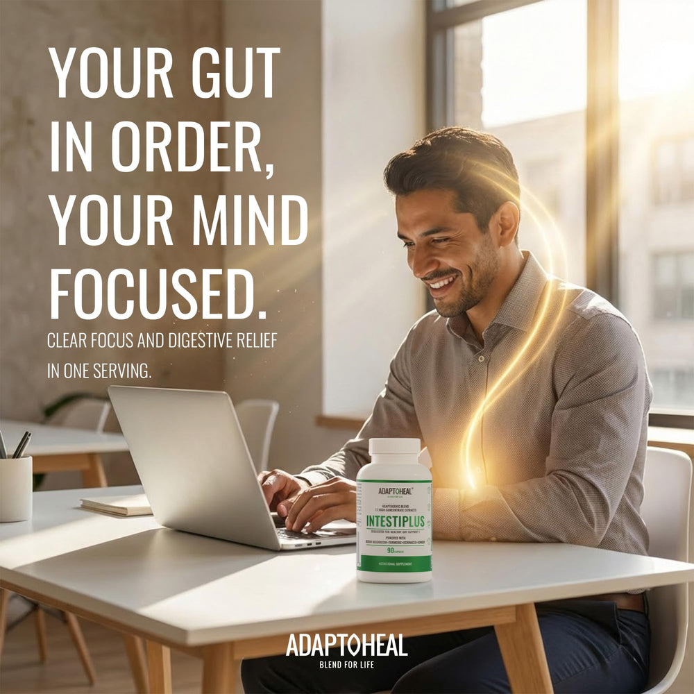 ADAPTOHEAL Intestiplus capsules closeup highlighting herbal blend