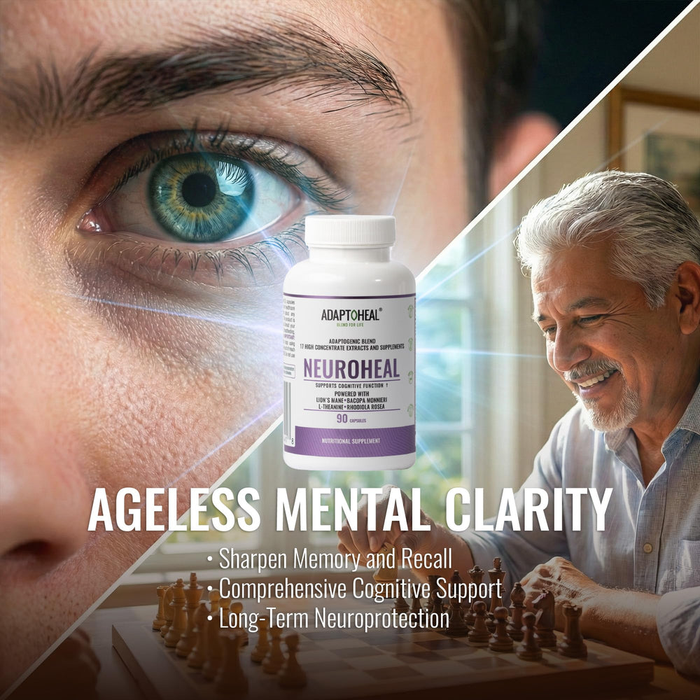 ADAPTOHEAL NeuroHeal capsules on desk scene for focused work sessions.