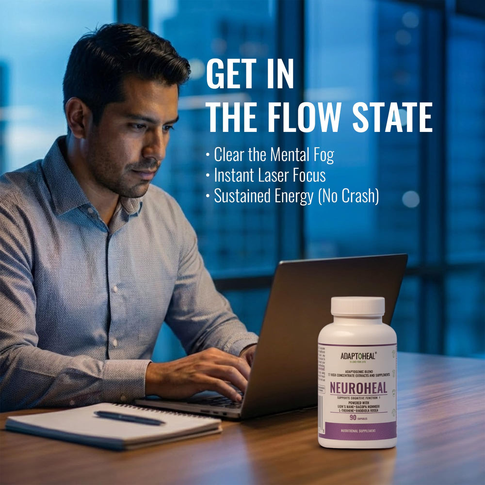 ADAPTOHEAL NeuroHeal capsules in hand suggesting portability and everyday use.