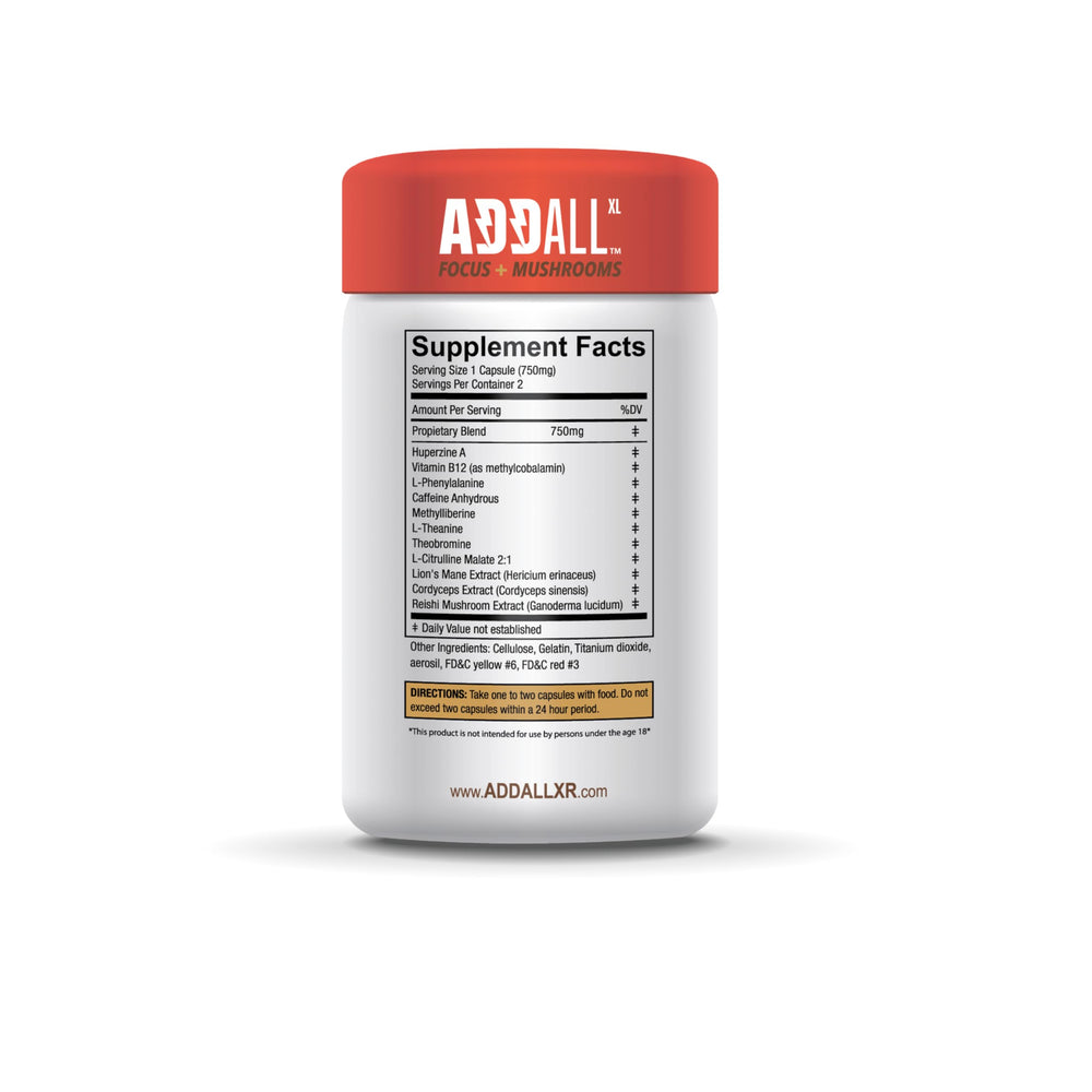 Addall Focus bottle label highlighting memory and energy support for study and work