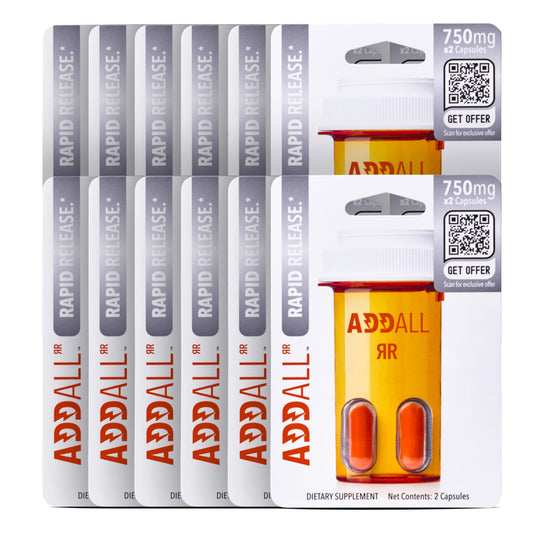 Addall Rapid Release bottle with capsules for focused energy throughout the day.