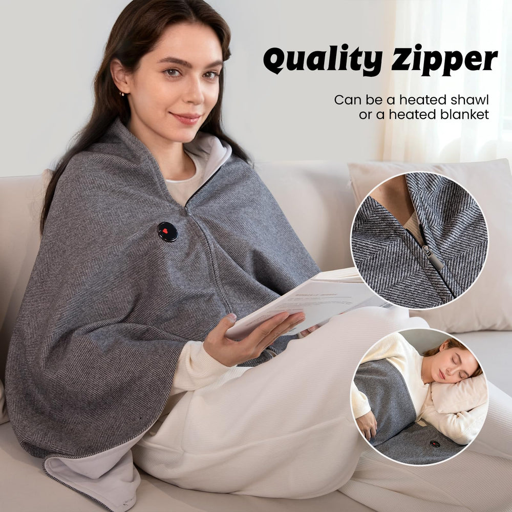 ADD.HERES heating pad shawl shoulder wrap on model demonstrates neck and shoulder heat