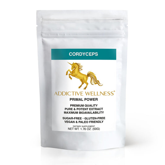Addictive Wellness Cordyceps Militaris bottle with high cordycepin potency for energy support.