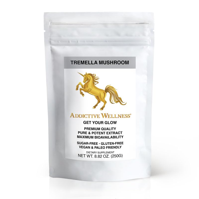 Addictive Wellness Tremella wood-grown powder packshot signaling purity for clean smoothies.
