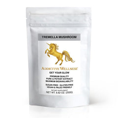 Addictive Wellness Tremella wood-grown powder packshot signaling purity for clean smoothies.