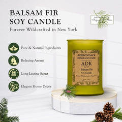 ADK Balsam & Fir Candle closeup highlights natural soy wax for clean, long-lasting fragrance.