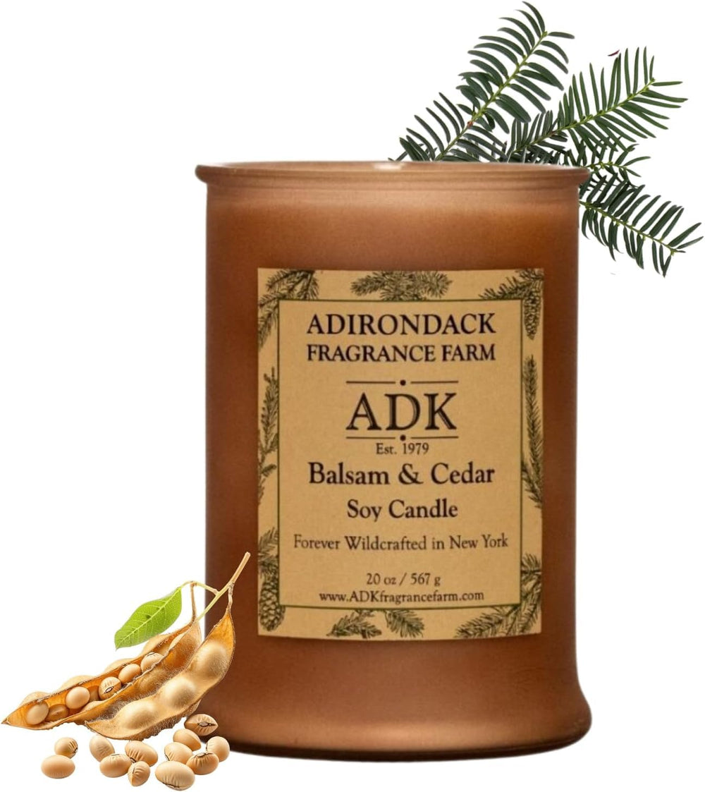ADK Balsam & Cedar candle in a jar with a clean burn and woodsy scent.