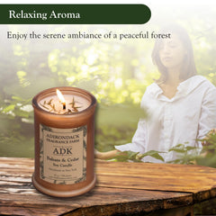 ADK Balsam & Cedar candle packaging with rustic Adirondack design.