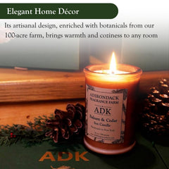 ADK Balsam & Cedar candle woodsy aroma promotes relaxation.