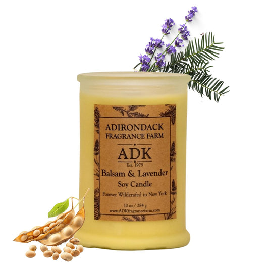 ADK Balsam & Lavender Candle in jar with label, delivering a woodsy relaxation aroma.
