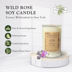 ADK Wild Rose Candle with rose buds on top for spa-like ambiance.
