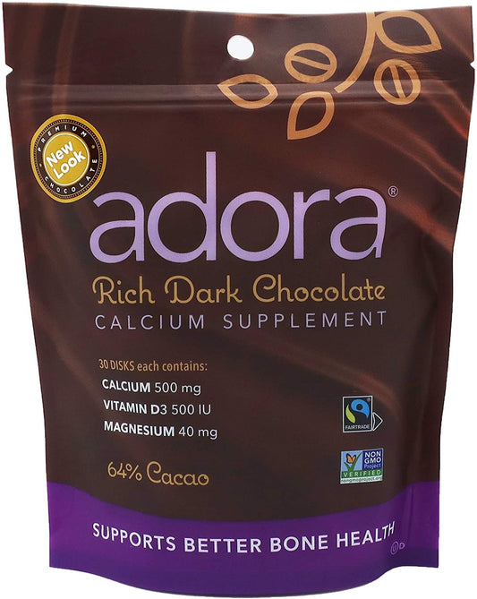 Adora calcium dark chocolate disk front view, a tasty calcium-rich treat.
