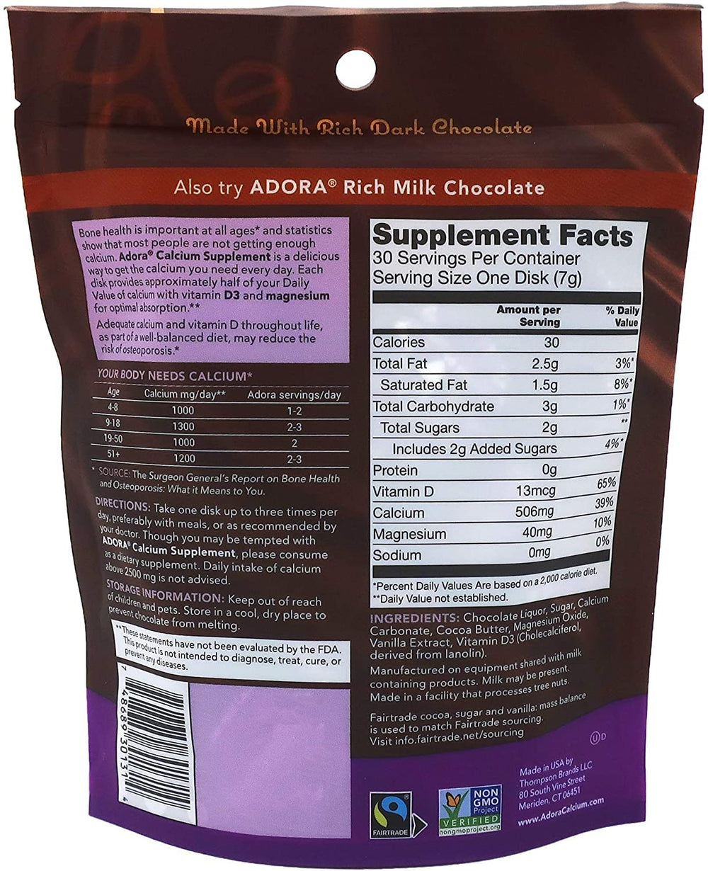 Adora calcium dark chocolate disk pack 12, convenient calcium-rich indulgence.
