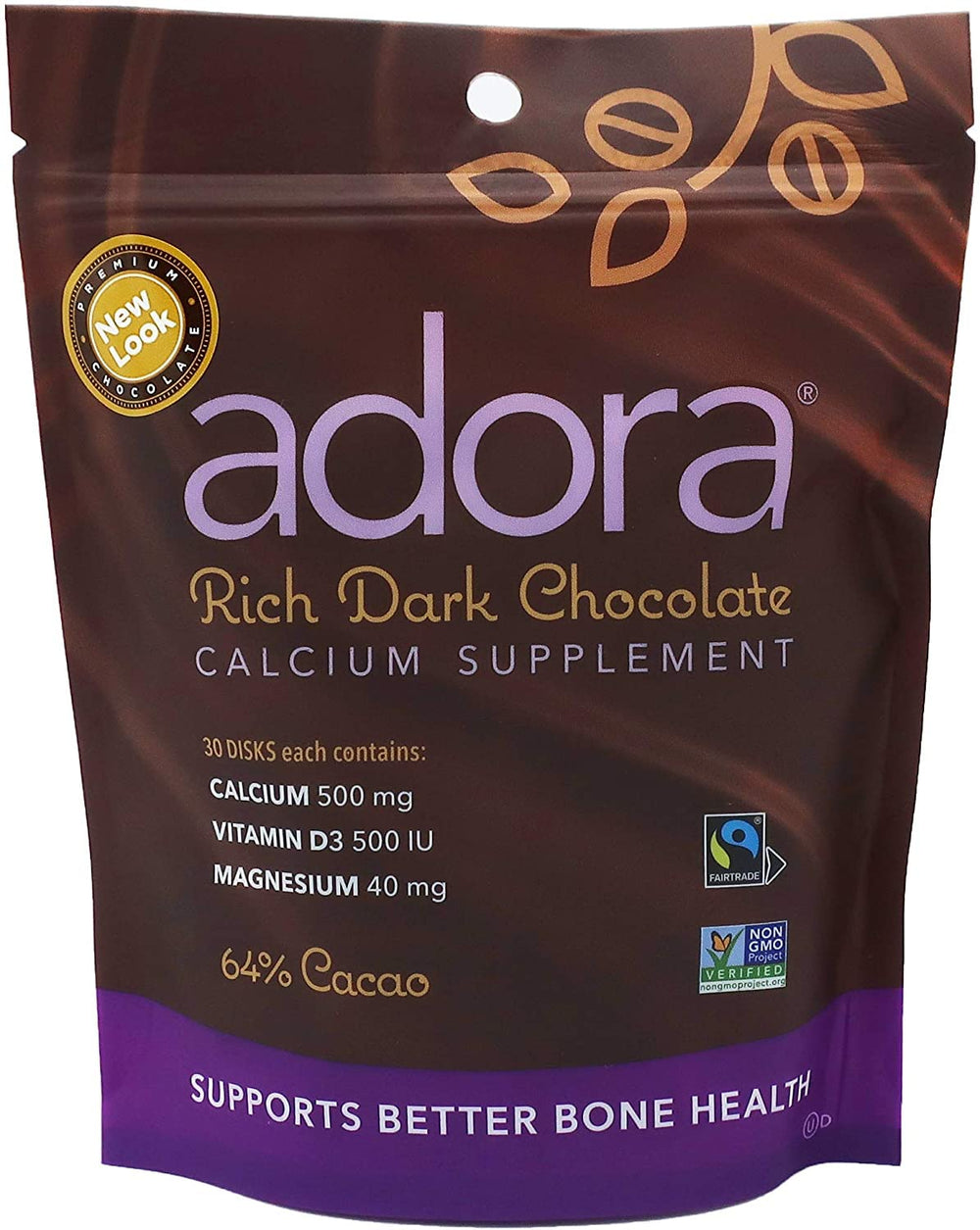 Adora Calcium dark chocolate discs bottle for easy daily calcium and D3 supplementation.