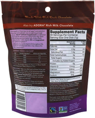 Adora Calcium discs close-up highlighting organic cocoa and indulgent taste for a satisfying snack.