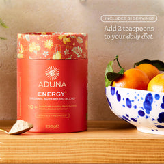 Aduna Energy Superfood Blend ingredients close-up highlighting baobab and maca