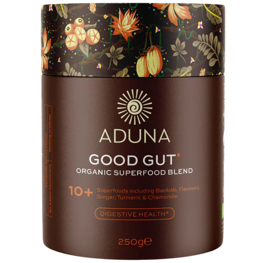 Aduna Good Gut Blend jar front showing organic ingredients and prebiotic fiber benefits.
