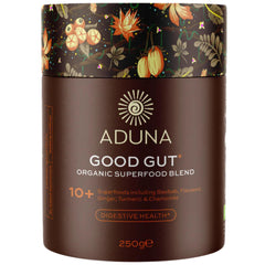 Aduna Good Gut Blend jar front showing organic ingredients and prebiotic fiber benefits.
