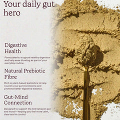 Organic certification badge and ingredients on Aduna Good Gut Blend packaging.