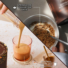 Aduna Good Gut Blend packaging close-up highlighting certified organic ingredients for digestion support.