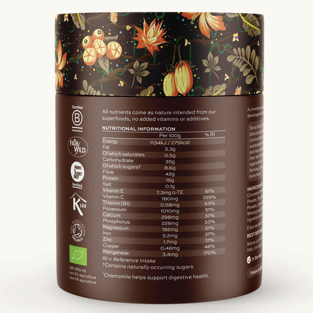 Smoothie glass featuring Aduna Good Gut Blend for convenient digestion support.