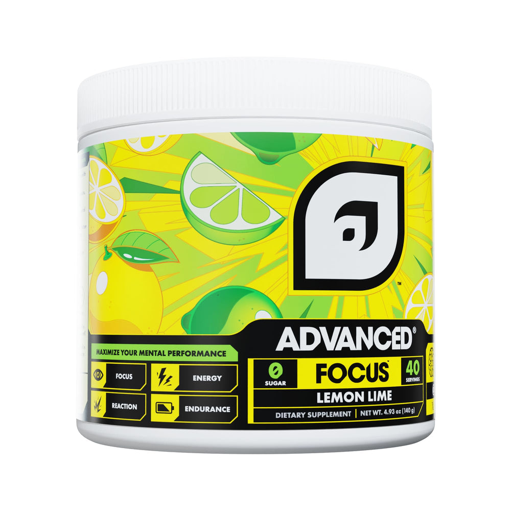 Advanced Focus Lemon Lime tub label highlighting non-stimulant formula