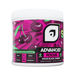 Advanced Focus Sour Black Cherry label detail highlights non-stimulant cognitive support