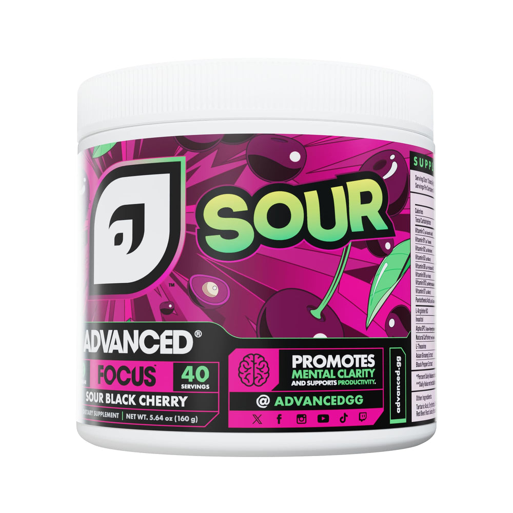 Advanced Focus Sour Black Cherry serving dosage demonstrates two-scoop intake clarity